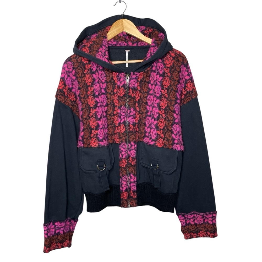 Free People Rockwell Sweater Bomber Jacket Hoodie Colorblock Large - Picture 3 of 13